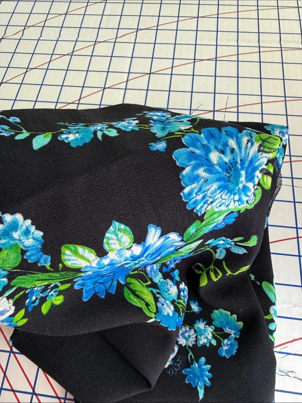 Suggested Title  Vintage 1980s Blue/Black Floral Polyester Dress Fabric 1.5 Yds